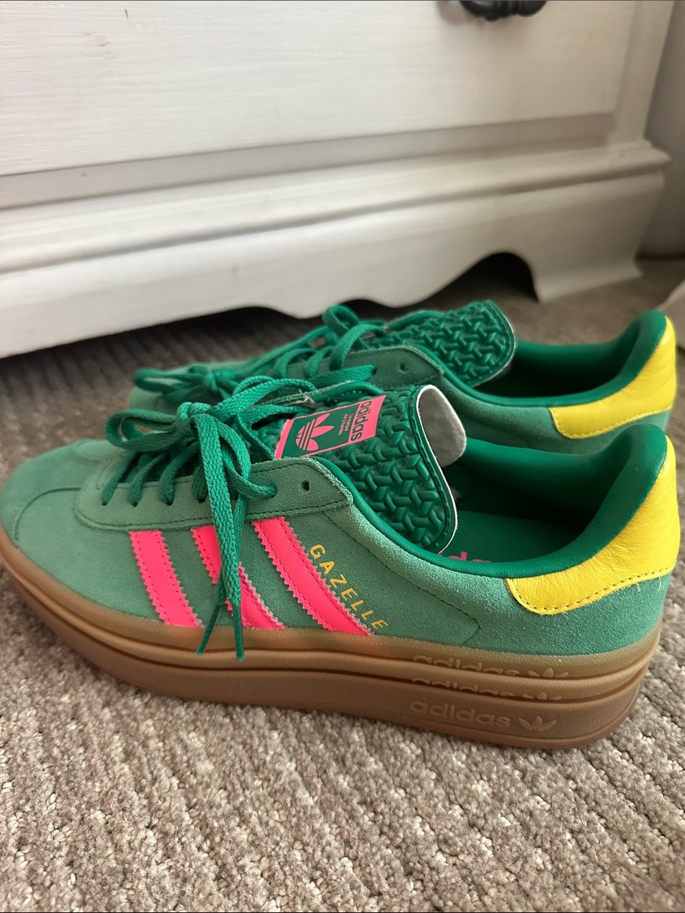 NWOT adidas Gazelle green with pink stripes and yellow heel